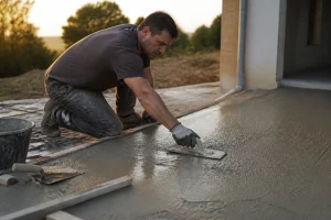 Ouvrier lissant à la taloche une dalle de béton fibré sur une terrasse en cours de chantier