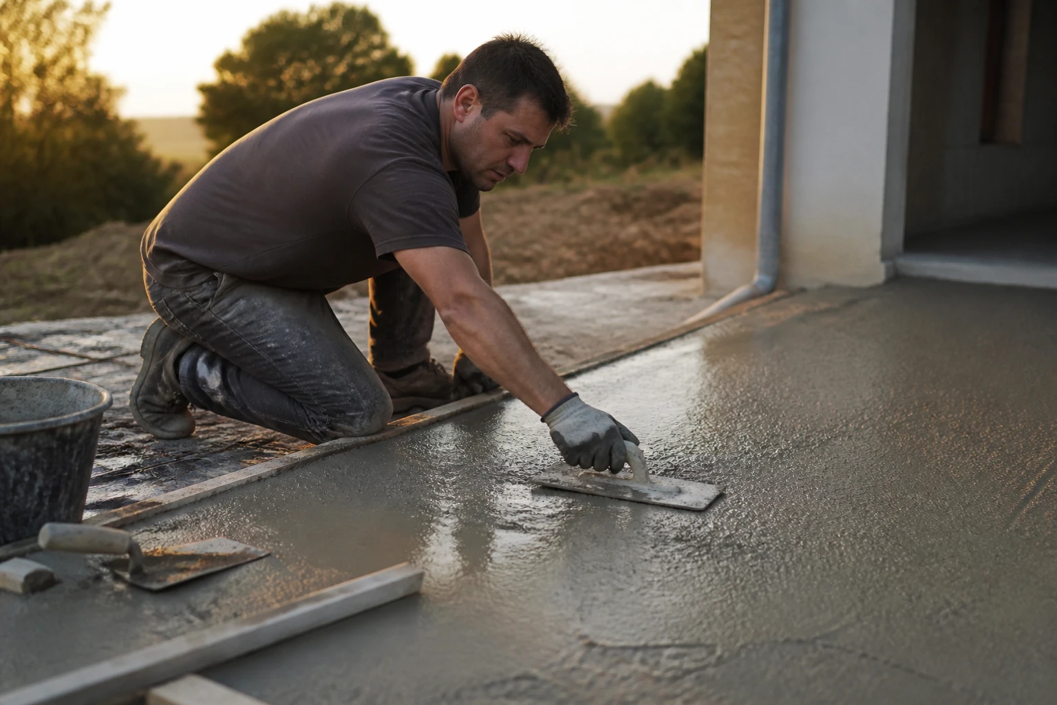 Ouvrier lissant à la taloche une dalle de béton fibré sur une terrasse en cours de chantier