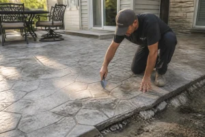 Terrasse en béton imprimé imitation pierre avec artisan inspectant une fissure