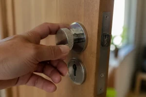 Main tournant un bouton moleté chromé sur une porte intérieure en bois