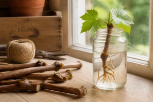 Bouture de vigne dans un bocal en verre avec racines visibles sur un rebord de fenêtre