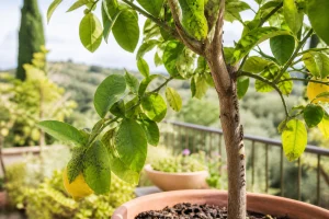 Fourmis grimpant le long du tronc d'un citronnier en pot avec des feuilles marquées de fumagine