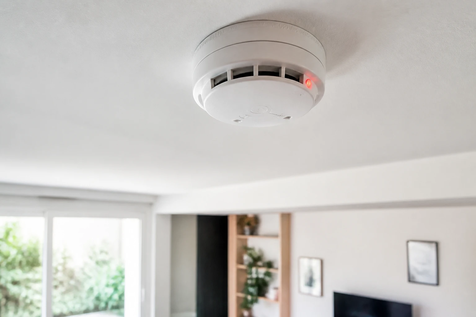 Détecteur de fumée blanc fixé au plafond d'un salon lumineux avec voyant rouge allumé