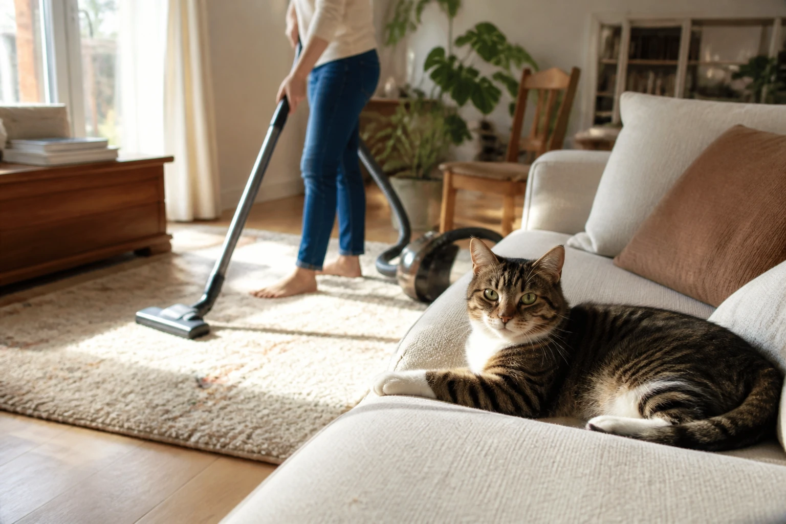 Femme aspirant un tapis dans un salon pour se débarrasser des puces, chat assis sur le canapé