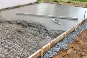 Dalle béton coulée sur terre avec coffrage bois et treillis métallique visible sur un chantier