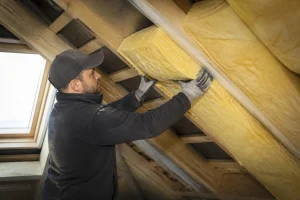 Pose de laine de verre épaisse entre les chevrons d'un rampant de toiture en rénovation