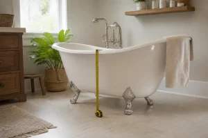 Mètre ruban mesurant la hauteur d'une baignoire îlot blanche du sol fini au rebord