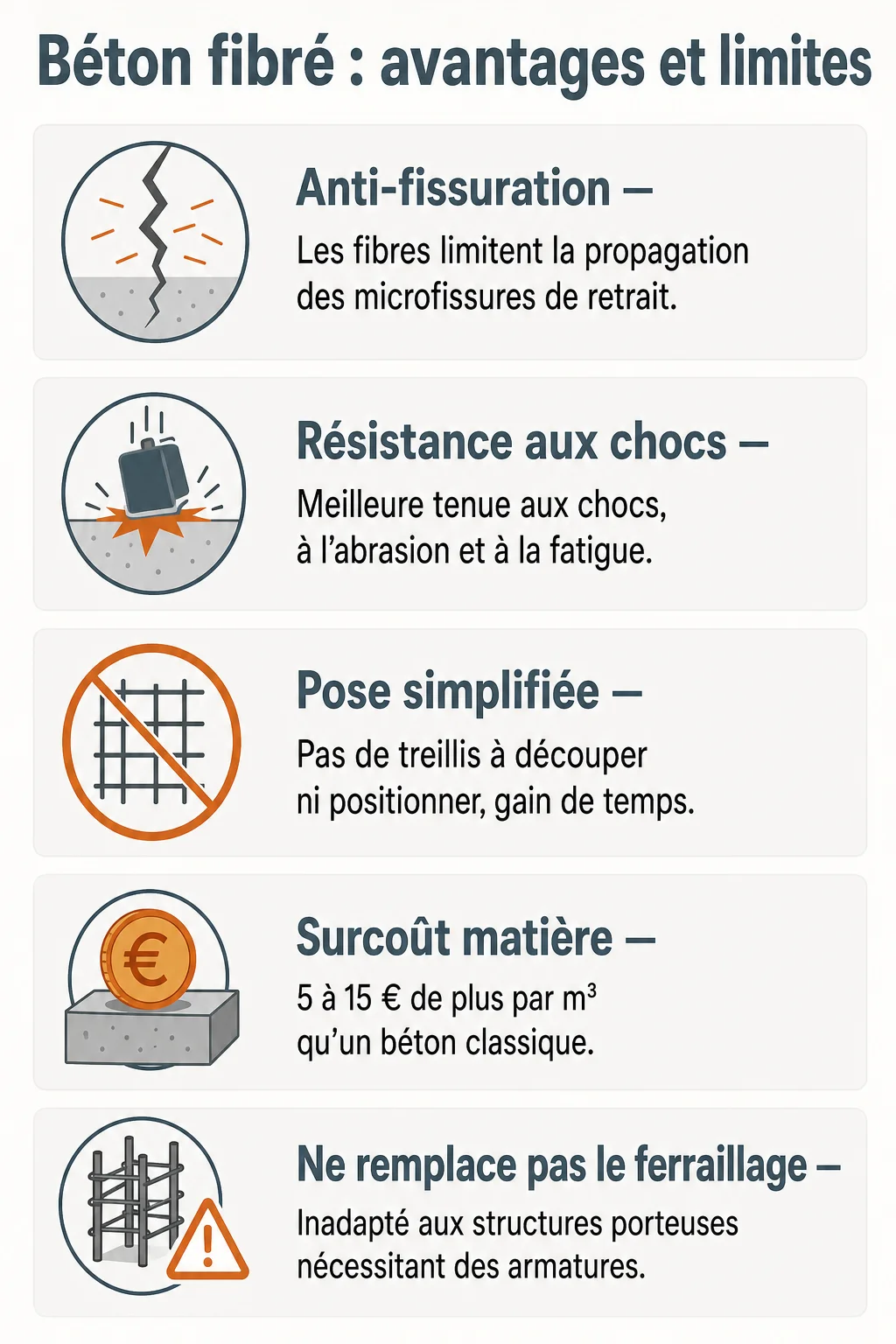 Béton fibré : avantages et limites : Anti-fissuration, Résistance aux chocs, Pose simplifiée, Surcoût matière, Ne remplace pas le ferraillage