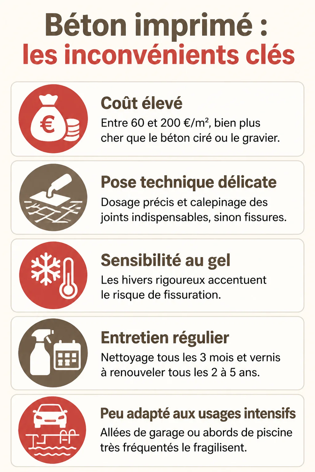 Béton imprimé : les inconvénients clés : Coût élevé, Pose technique délicate, Sensibilité au gel, Entretien régulier, Peu adapté aux usages intensifs