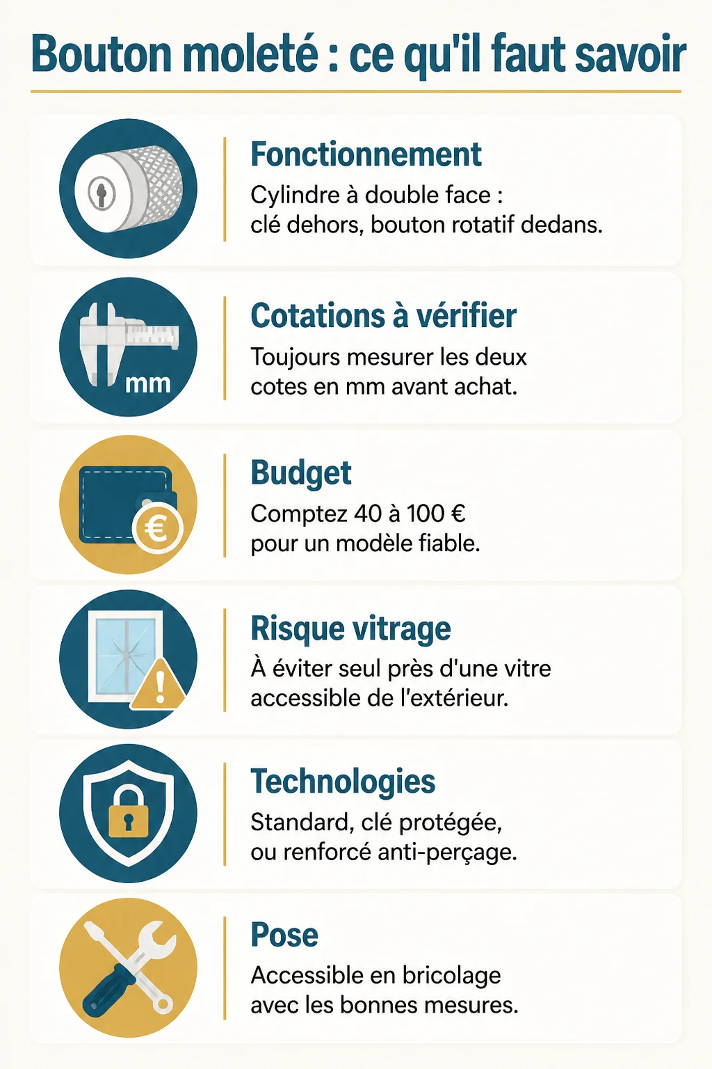 Bouton moleté : ce qu'il faut savoir : Fonctionnement, Cotations à vérifier, Budget, Risque vitrage, Technologies, Pose