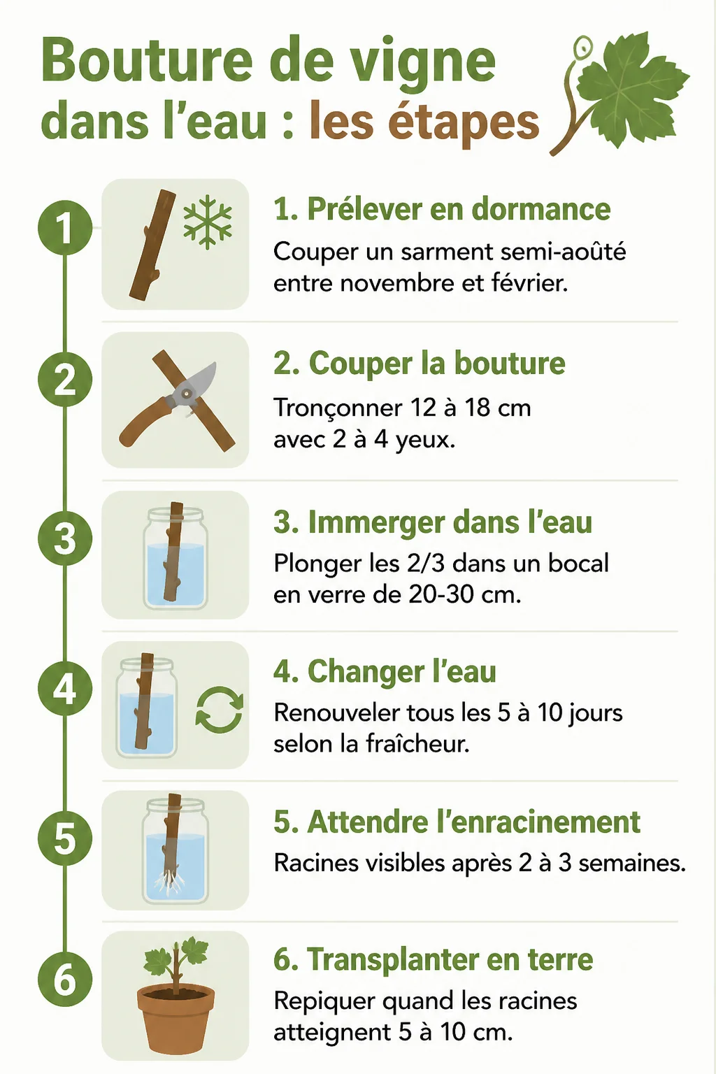 Bouture de vigne dans l'eau : les étapes : 1. Prélever en dormance, 2. Couper la bouture, 3. Immerger dans l'eau, 4. Changer l'eau, 5. Attendre l'enracinement, 6. Transplanter en terre