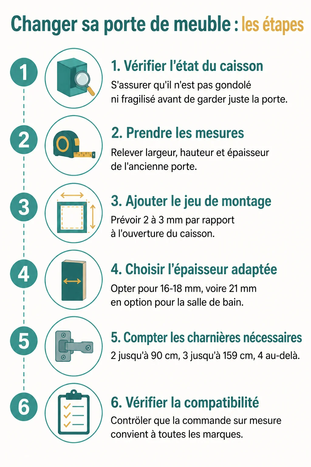 Changer sa porte de meuble : les étapes : 1. Vérifier l'état du caisson, 2. Prendre les mesures, 3. Ajouter le jeu de montage, 4. Choisir l'épaisseur adaptée, 5. Compter les charnières nécessaires, 6. Vérifier la compatibilité