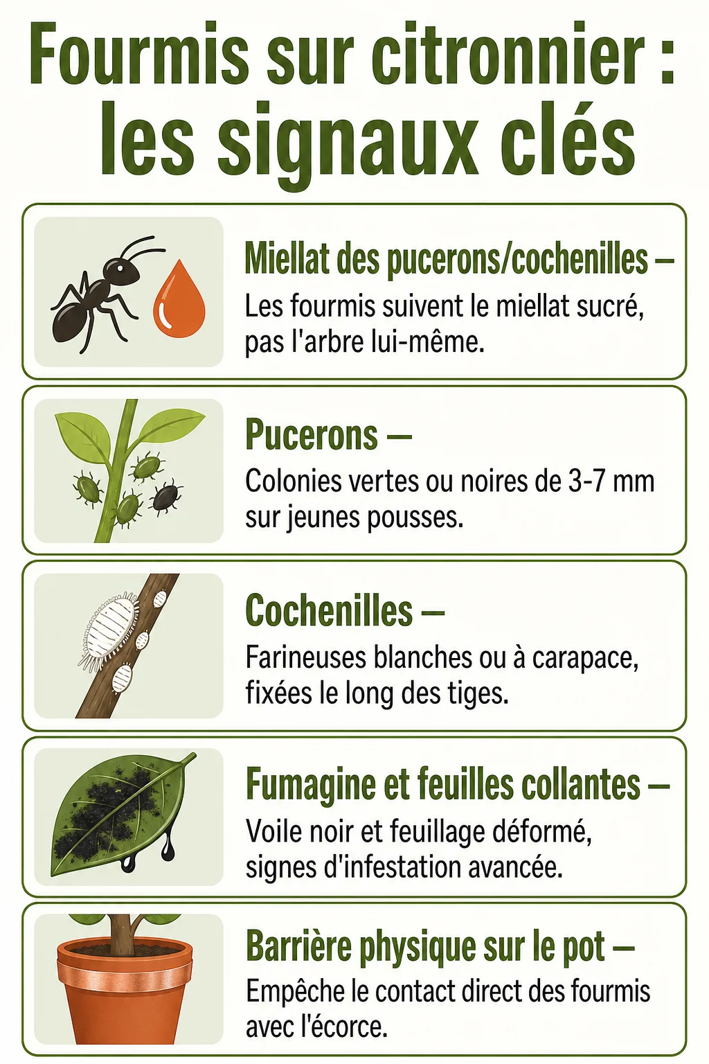 Fourmis sur citronnier : les signaux clés : Miellat des pucerons/cochenilles, Pucerons, Cochenilles, Fumagine et feuilles collantes, Barrière physique sur le pot