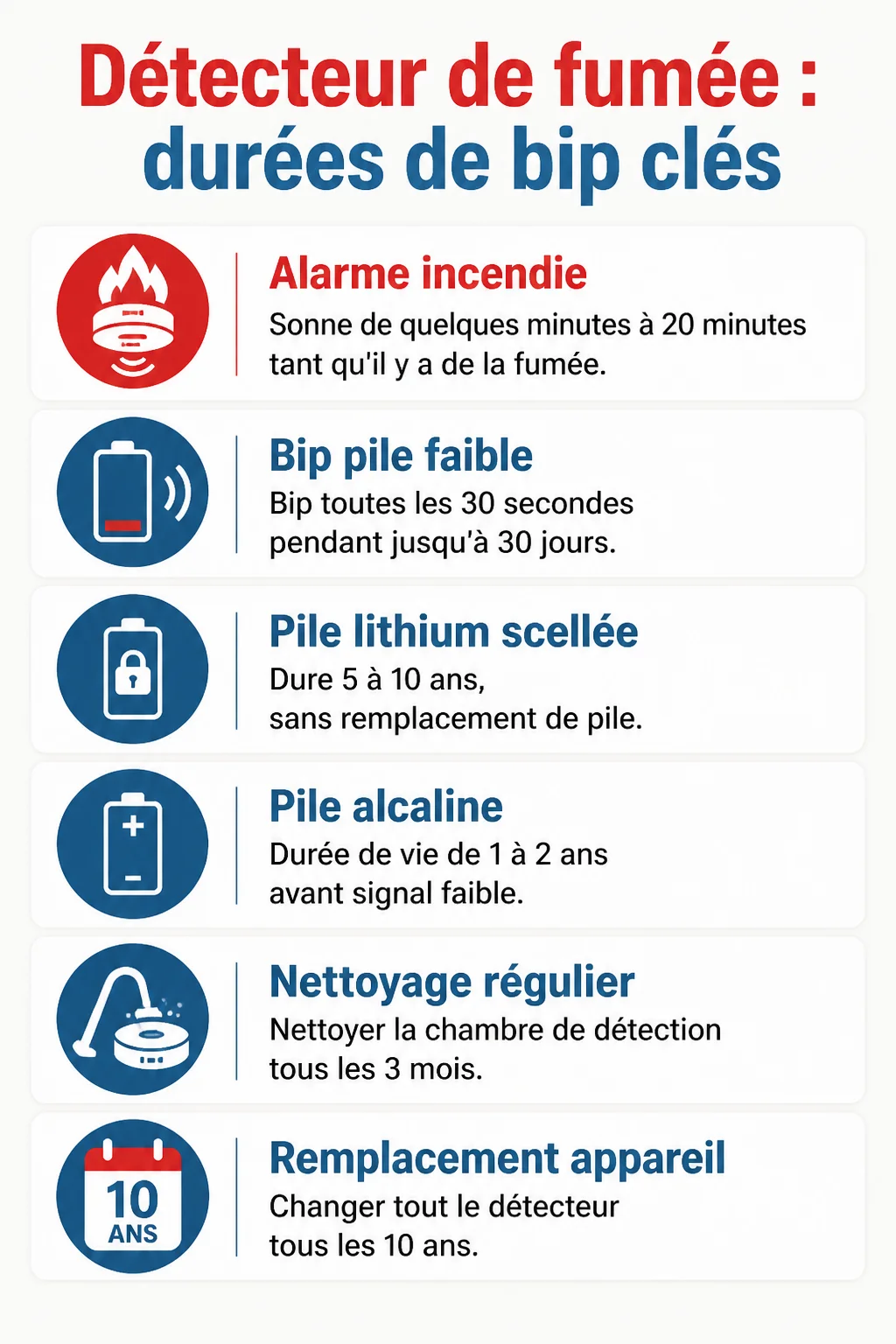 Détecteur de fumée : durées de bip clés : Alarme incendie, Bip pile faible, Pile lithium scellée, Pile alcaline, Nettoyage régulier, Remplacement appareil