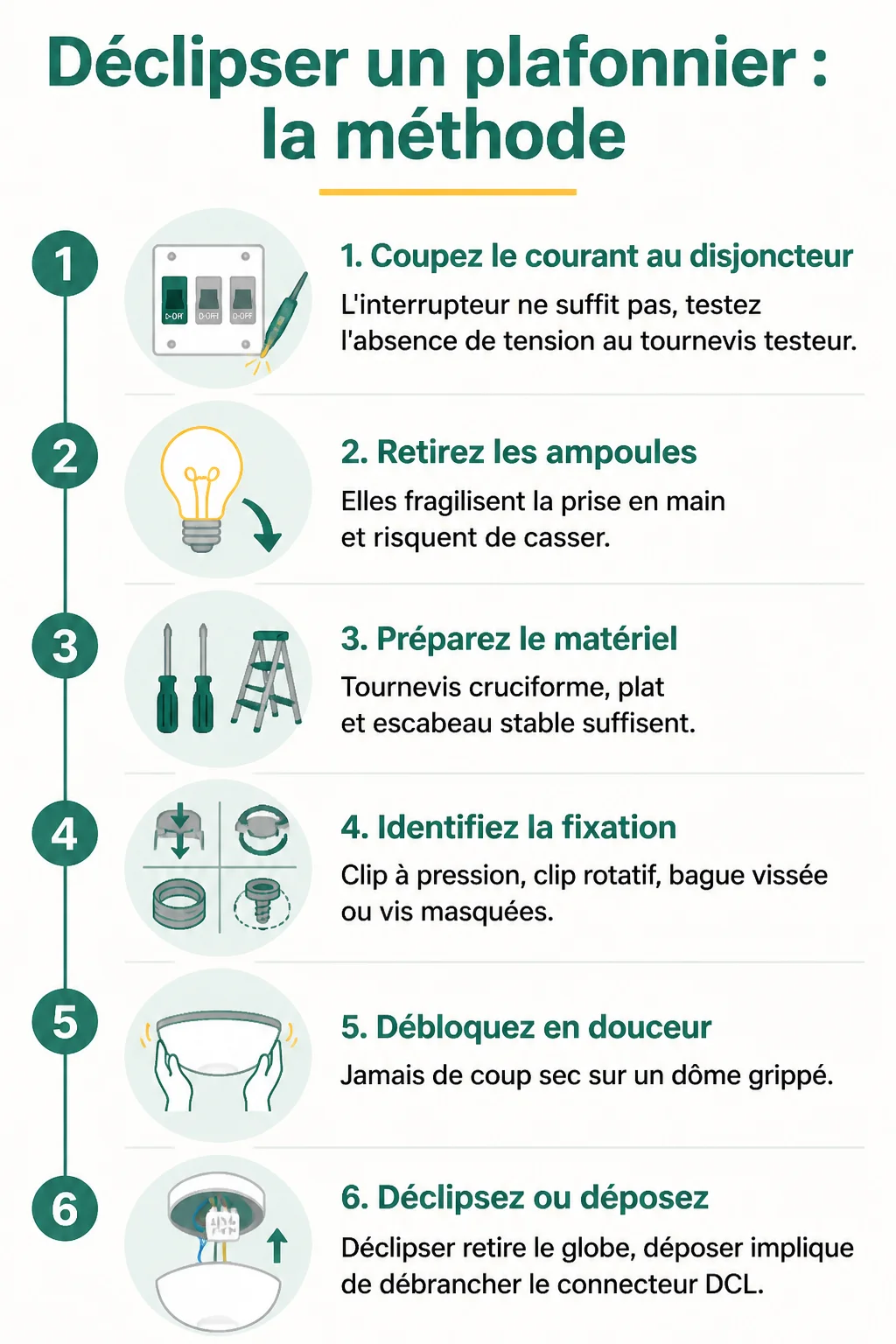 Déclipser un plafonnier : la méthode : 1. Coupez le courant au disjoncteur, 2. Retirez les ampoules, 3. Préparez le matériel, 4. Identifiez la fixation, 5. Débloquez en douceur, 6. Déclipsez ou déposez