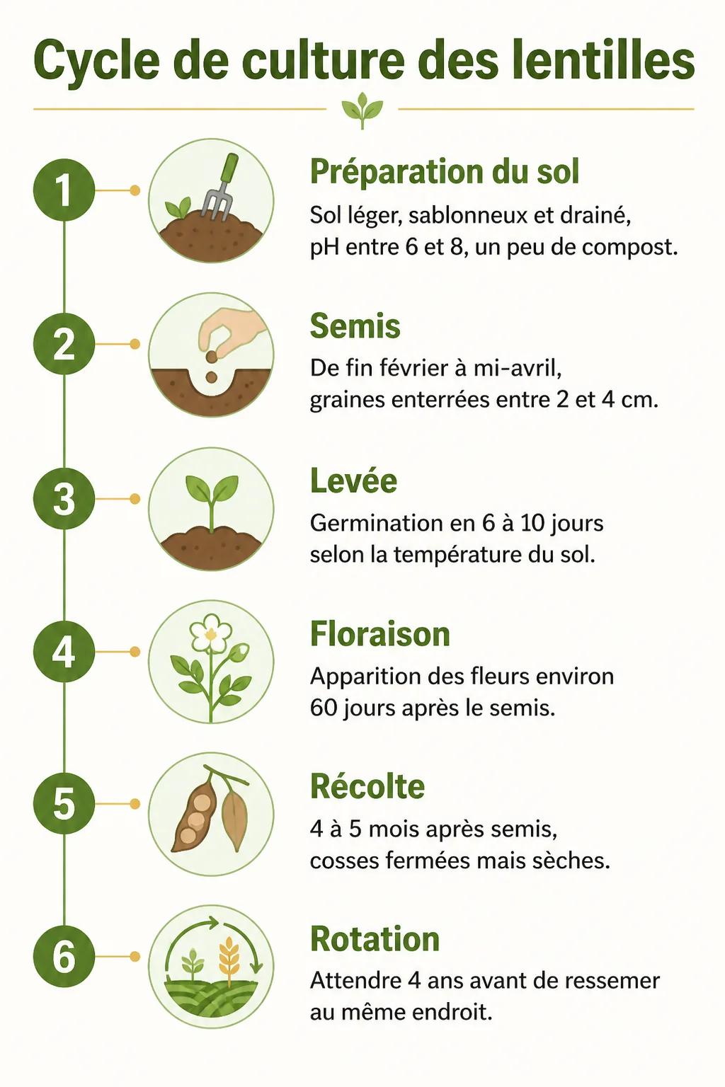Cycle de culture des lentilles : 1. Préparation du sol, 2. Semis, 3. Levée, 4. Floraison, 5. Récolte, 6. Rotation