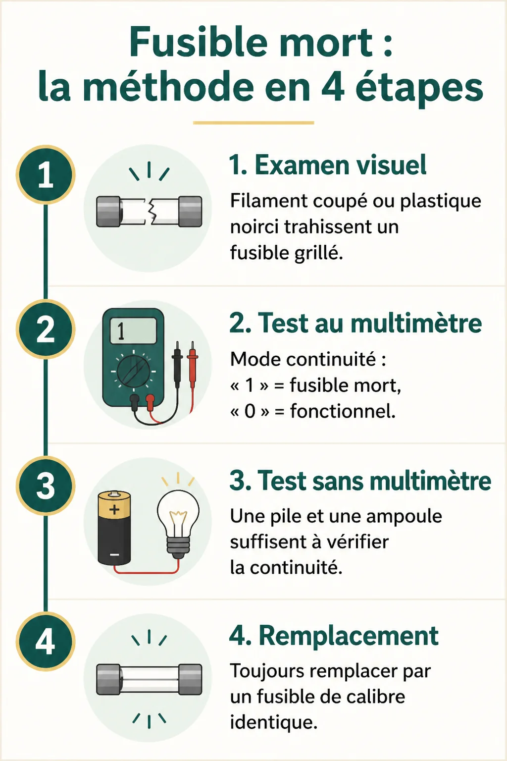 Fusible mort : la méthode en 4 étapes : 1. Examen visuel, 2. Test au multimètre, 3. Test sans multimètre, 4. Remplacement
