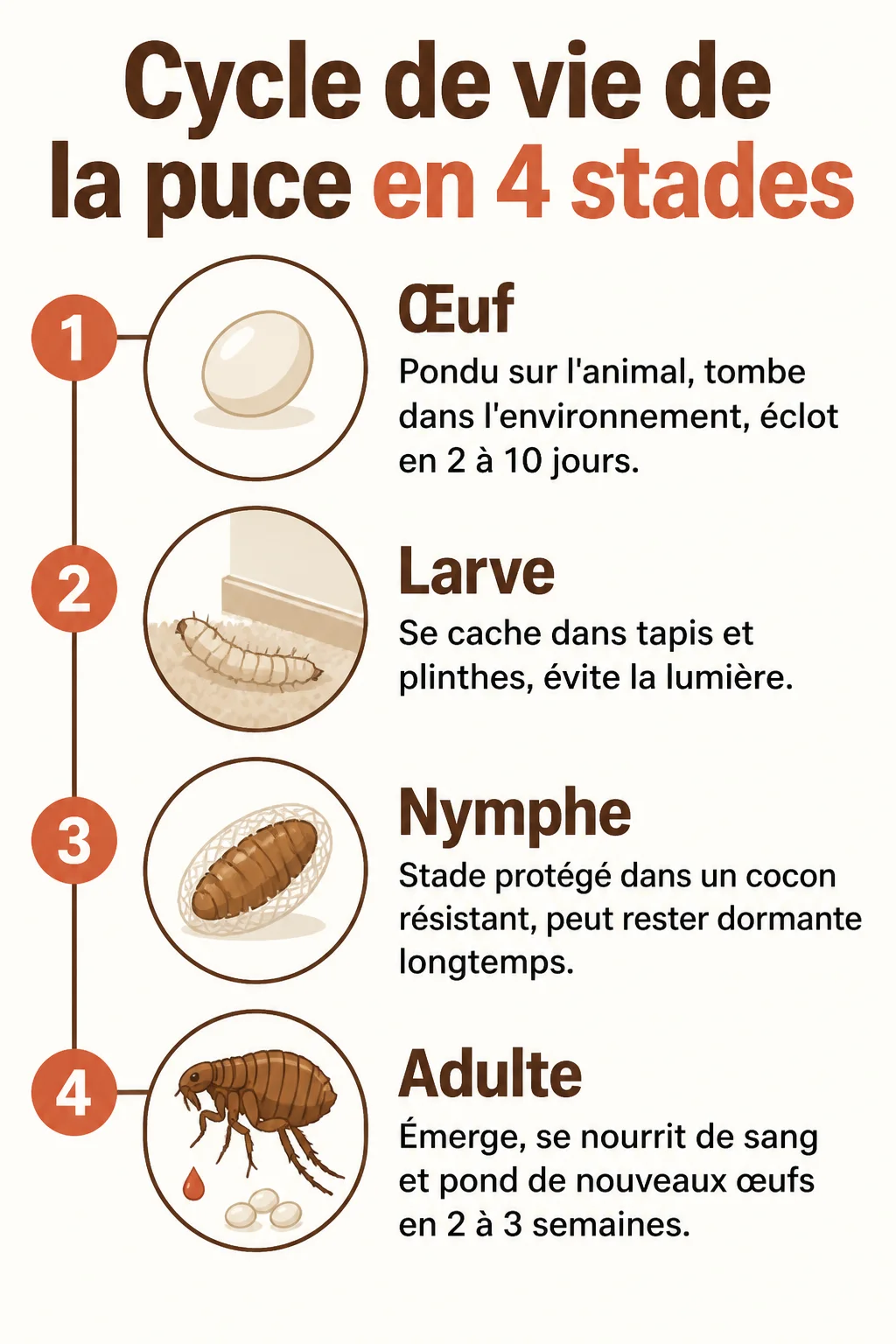 Cycle de vie de la puce en 4 stades : 1. Œuf, 2. Larve, 3. Nymphe, 4. Adulte