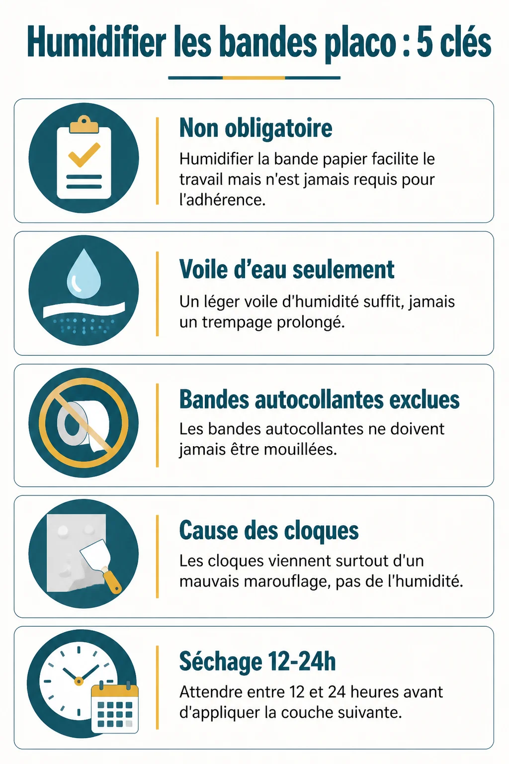 Humidifier les bandes placo : 5 clés : Non obligatoire, Voile d'eau seulement, Bandes autocollantes exclues, Cause des cloques, Séchage 12-24h