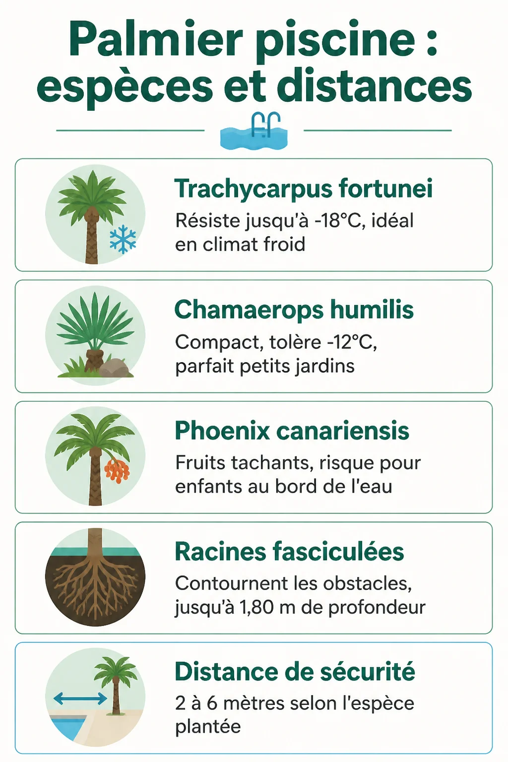 Palmier piscine : espèces et distances : Trachycarpus fortunei, Chamaerops humilis, Phoenix canariensis, Racines fasciculées, Distance de sécurité