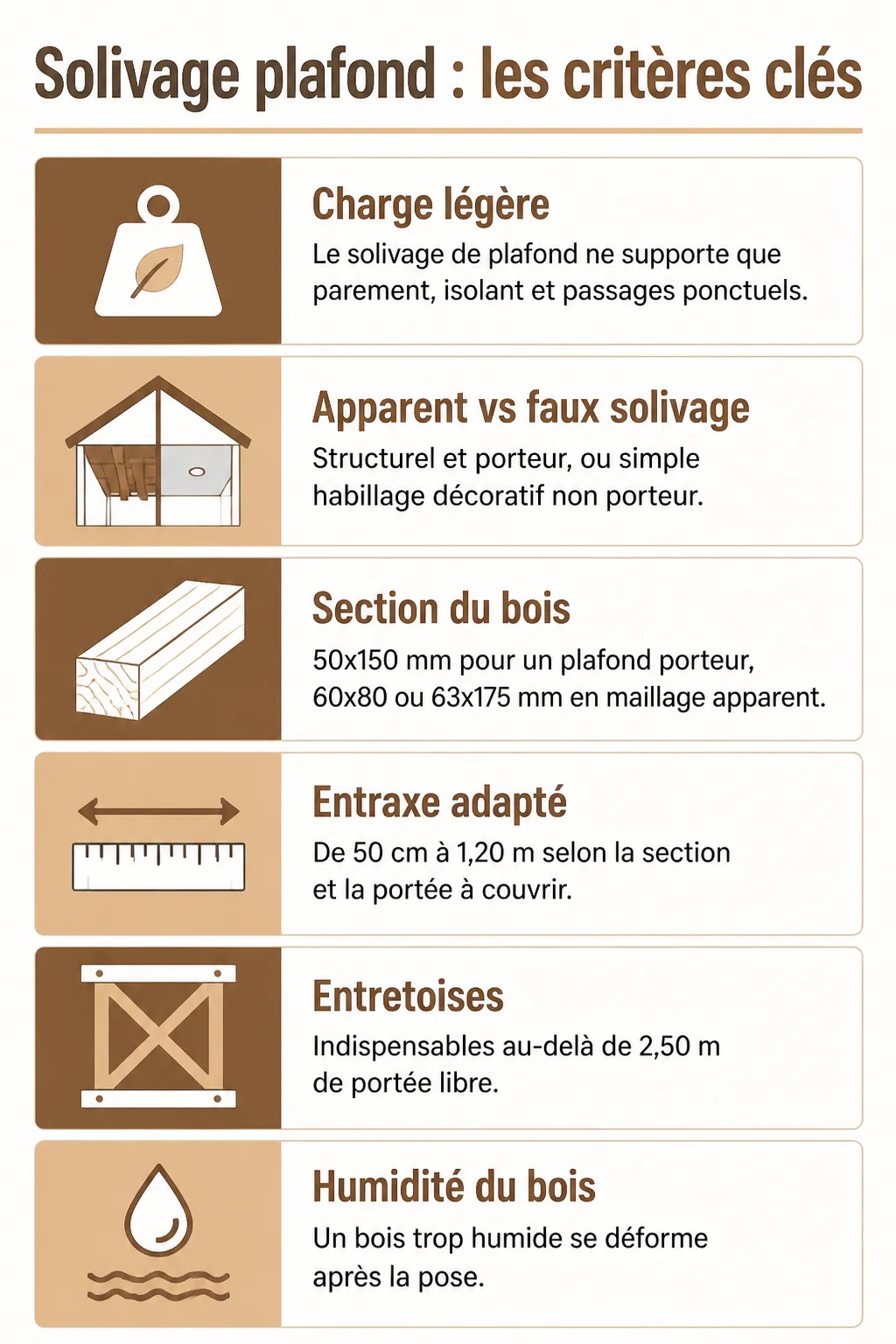Solivage plafond : les critères clés : Charge légère, Apparent vs faux solivage, Section du bois, Entraxe adapté, Entretoises, Humidité du bois