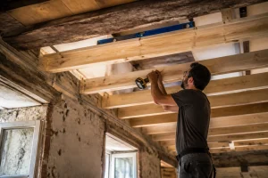Solivage en bois fixé au plafond avant pose de plaques de BA13 lors d'une rénovation