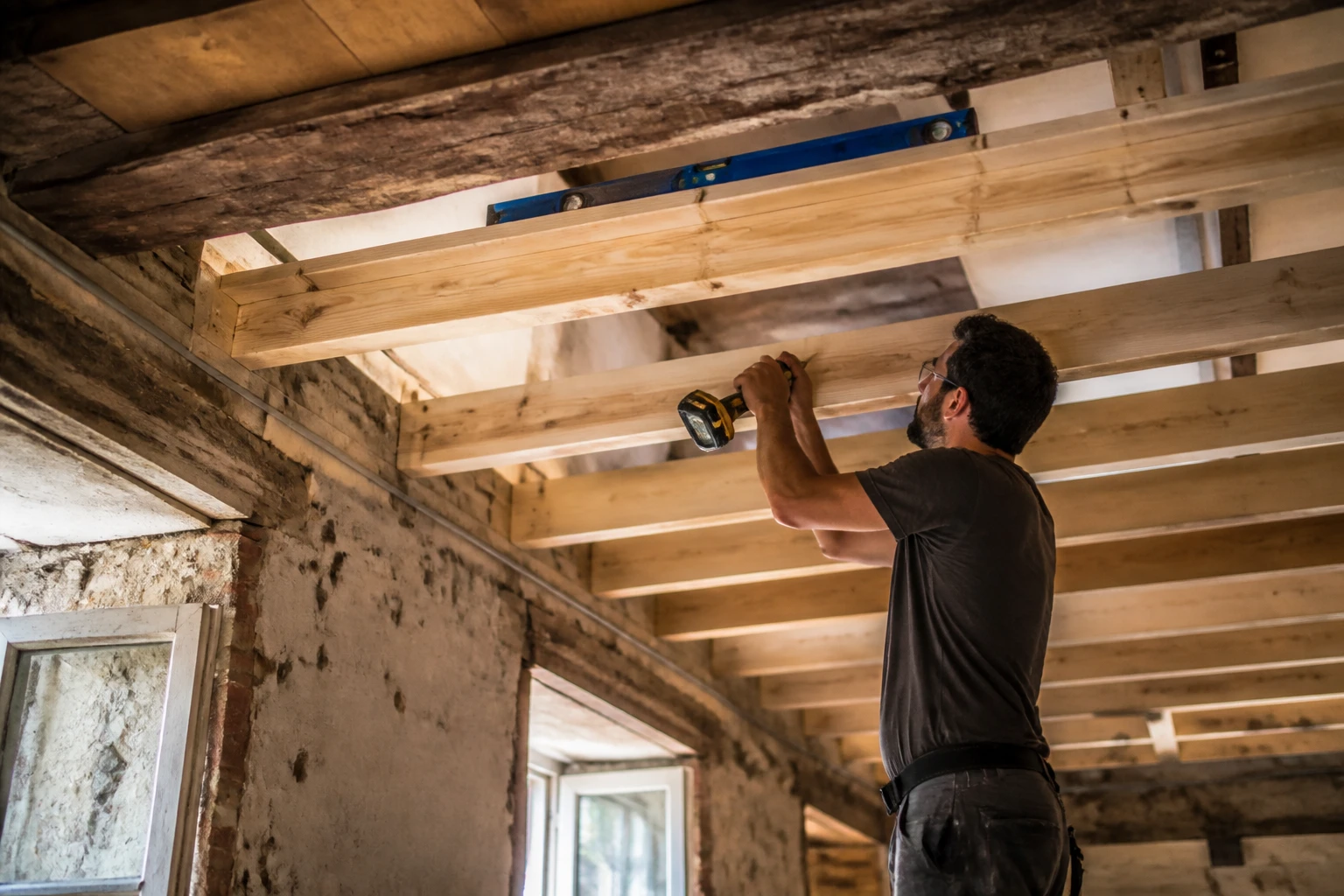 Solivage en bois fixé au plafond avant pose de plaques de BA13 lors d'une rénovation