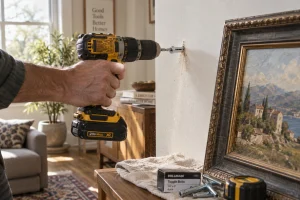 Perçage d'un mur en placo pour installer une cheville métallique avant d'accrocher un tableau lourd