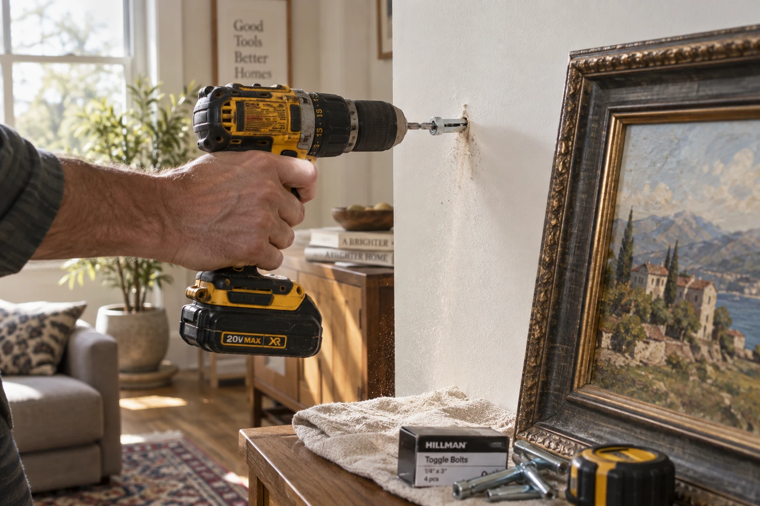 Perçage d'un mur en placo pour installer une cheville métallique avant d'accrocher un tableau lourd