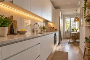 Cuisine en longueur aménagée avec plan de travail clair et éclairage fonctionnel sous les meubles hauts