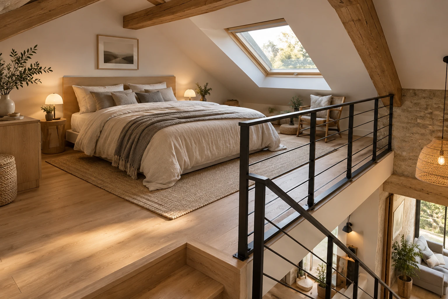 Mezzanine aménagée en chambre avec garde-corps sécurisé et escalier en bois sous combles