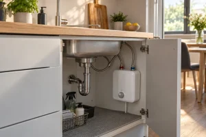 Chauffe-eau instantané électrique installé sous un évier de cuisine