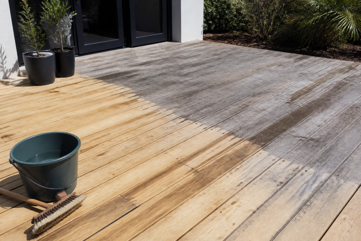 Terrasse en bois grisé partiellement éclaircie avec un dégriseur, brosse et seau posés à côté
