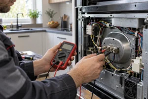 Technicien testant au multimètre la résistance d'un four qui ne chauffe plus mais ventile