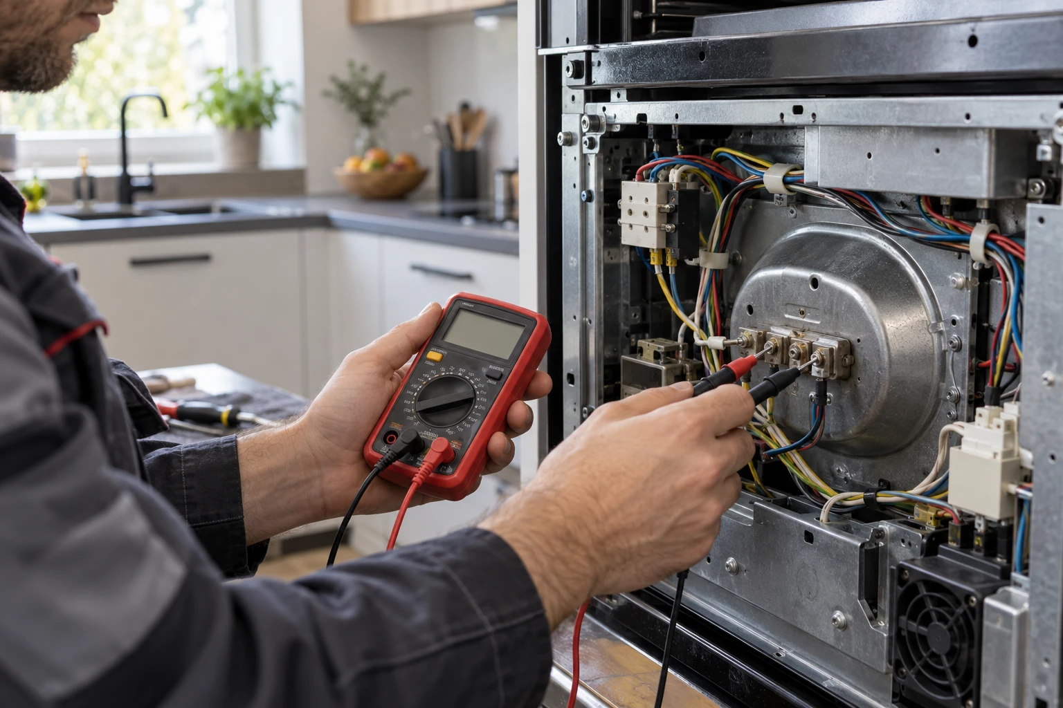 Technicien testant au multimètre la résistance d'un four qui ne chauffe plus mais ventile