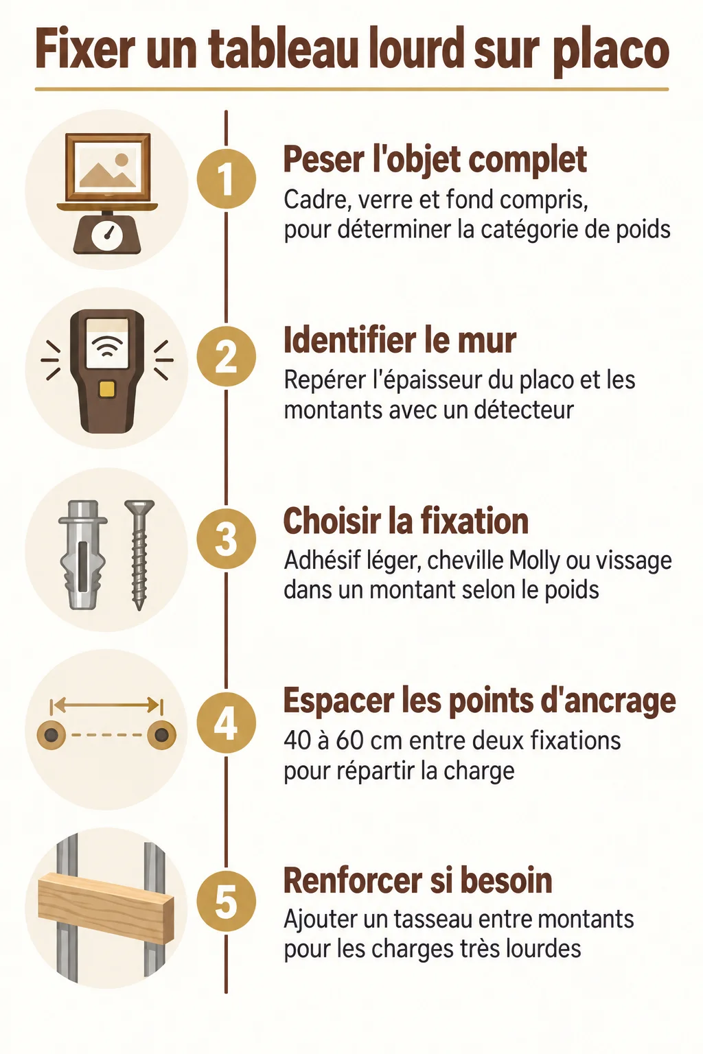 Fixer un tableau lourd sur placo : 1. Peser l'objet complet, 2. Identifier le mur, 3. Choisir la fixation, 4. Espacer les points d'ancrage, 5. Renforcer si besoin