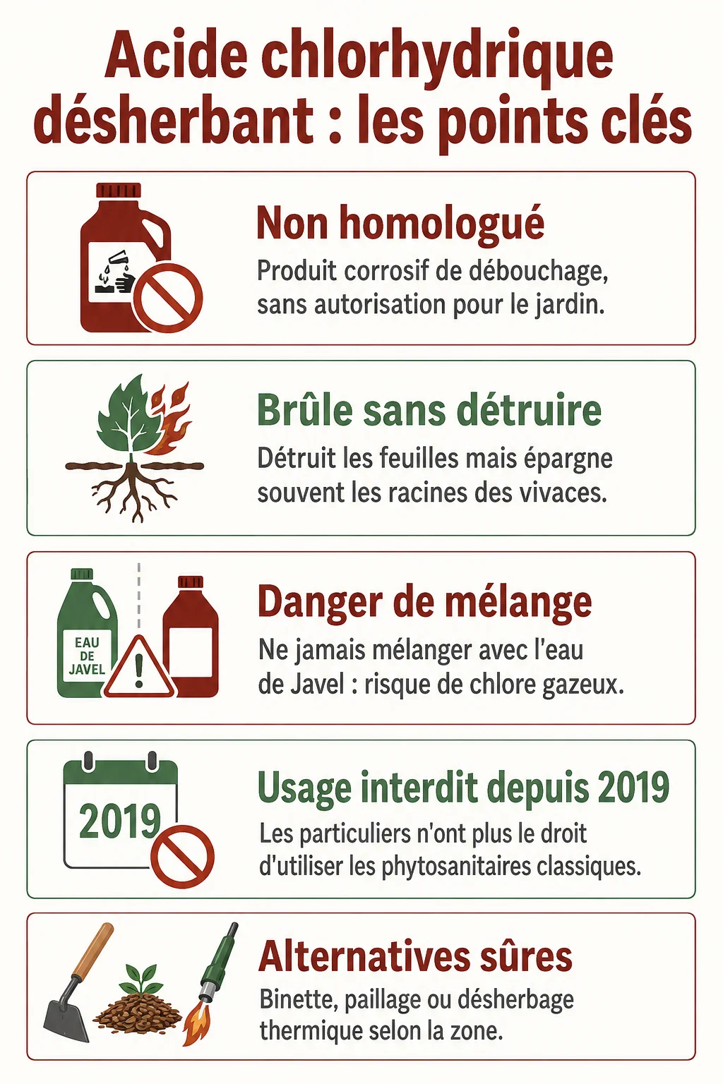 Acide chlorhydrique désherbant : les points clés : Non homologué, Brûle sans détruire, Danger de mélange, Usage interdit depuis 2019, Alternatives sûres
