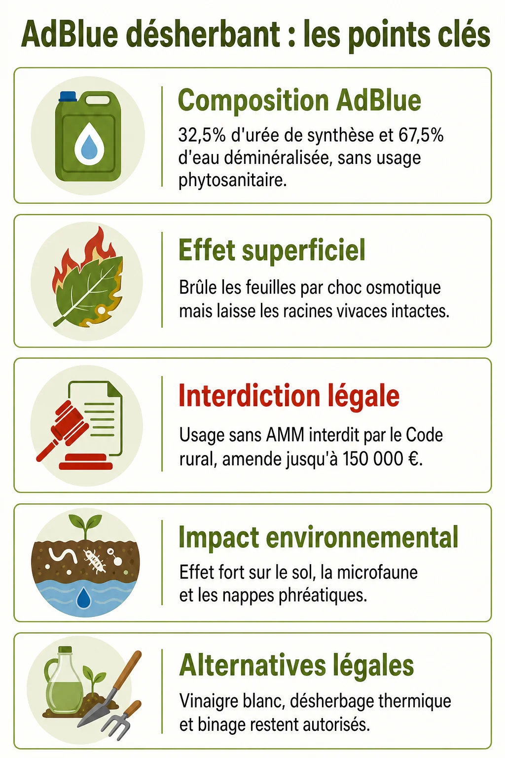 AdBlue désherbant : les points clés : Composition AdBlue, Effet superficiel, Interdiction légale, Impact environnemental, Alternatives légales