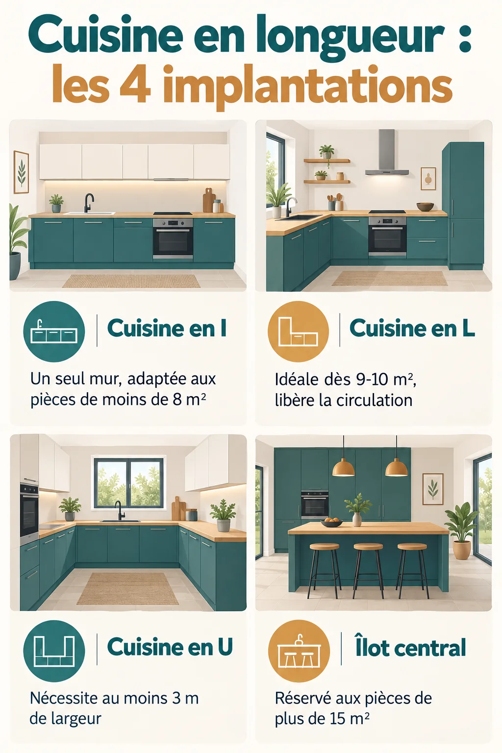 Cuisine en longueur : les 4 implantations : Cuisine en I, Cuisine en L, Cuisine en U, Îlot central