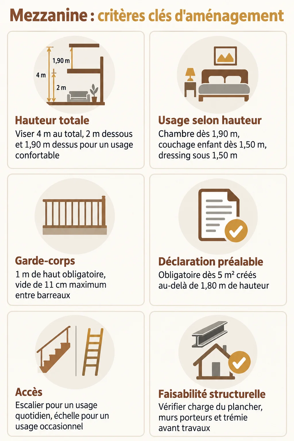 Mezzanine : critères clés d'aménagement : Hauteur totale, Usage selon hauteur, Garde-corps, Déclaration préalable, Accès, Faisabilité structurelle