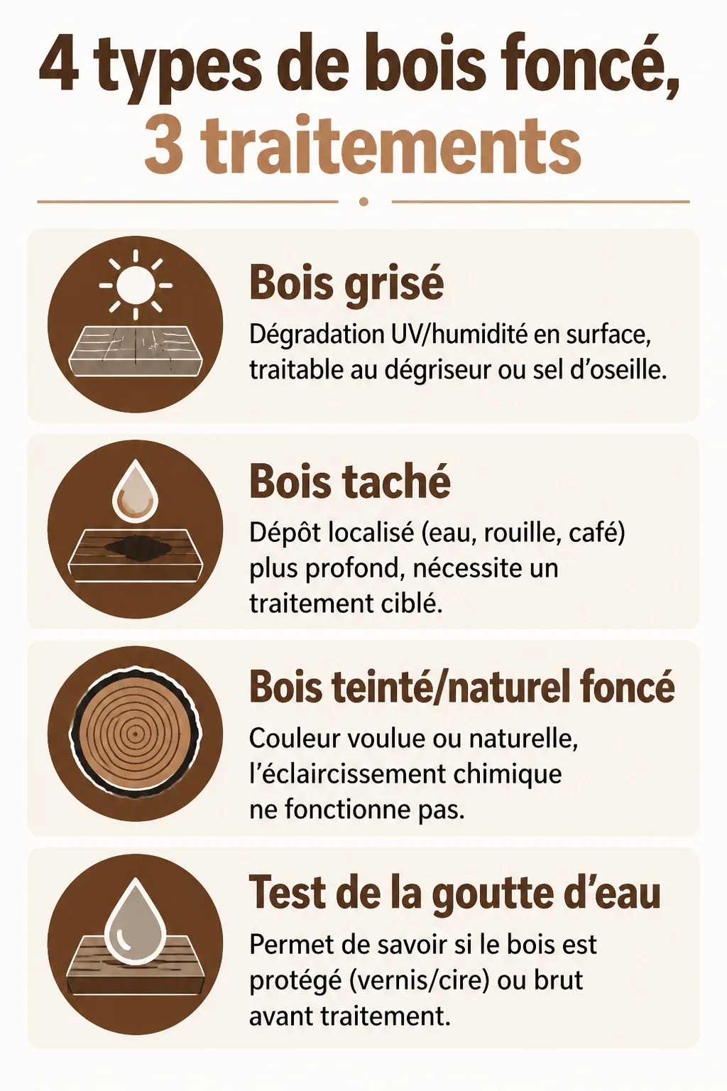 4 types de bois foncé, 3 traitements : Bois grisé, Bois taché, Bois teinté/naturel foncé, Test de la goutte d'eau