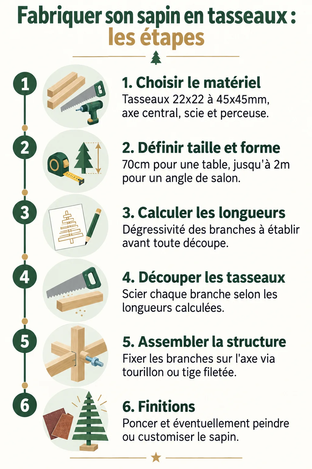 Fabriquer son sapin en tasseaux : les étapes : 1. Choisir le matériel, 2. Définir taille et forme, 3. Calculer les longueurs, 4. Découper les tasseaux, 5. Assembler la structure, 6. Finitions