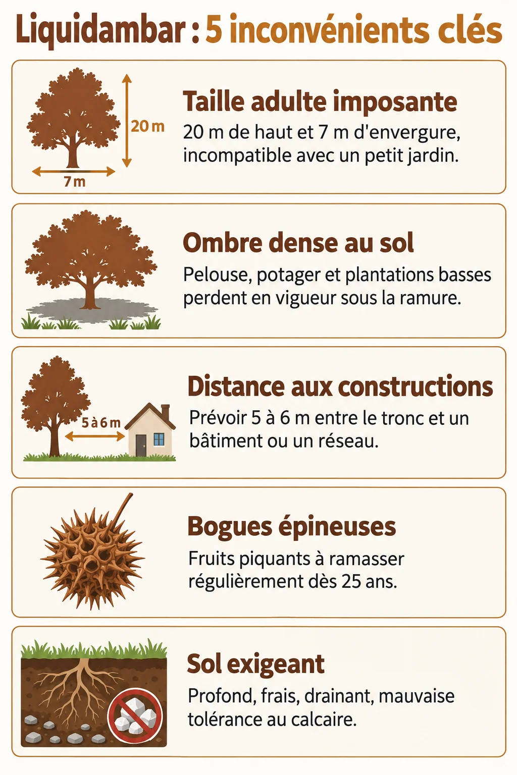 Liquidambar : 5 inconvénients clés : Taille adulte imposante, Ombre dense au sol, Distance aux constructions, Bogues épineuses, Sol exigeant