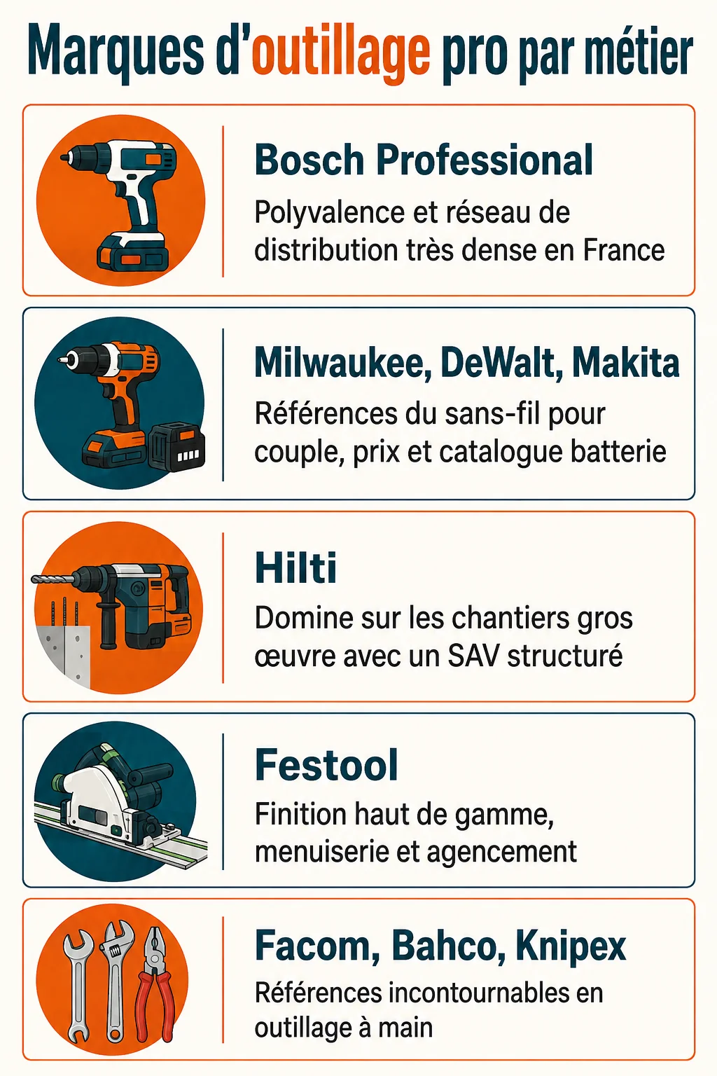 Marques d'outillage pro par métier : Bosch Professional, Milwaukee, DeWalt, Makita, Hilti, Festool, Facom, Bahco, Knipex