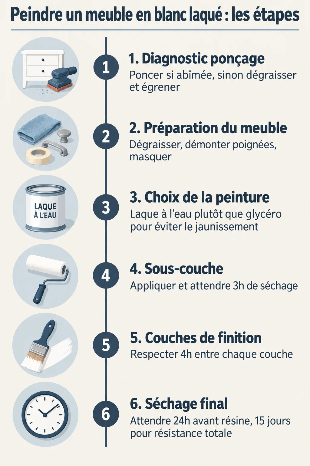Peindre un meuble en blanc laqué : les étapes : 1. Diagnostic ponçage, 2. Préparation du meuble, 3. Choix de la peinture, 4. Sous-couche, 5. Couches de finition, 6. Séchage final