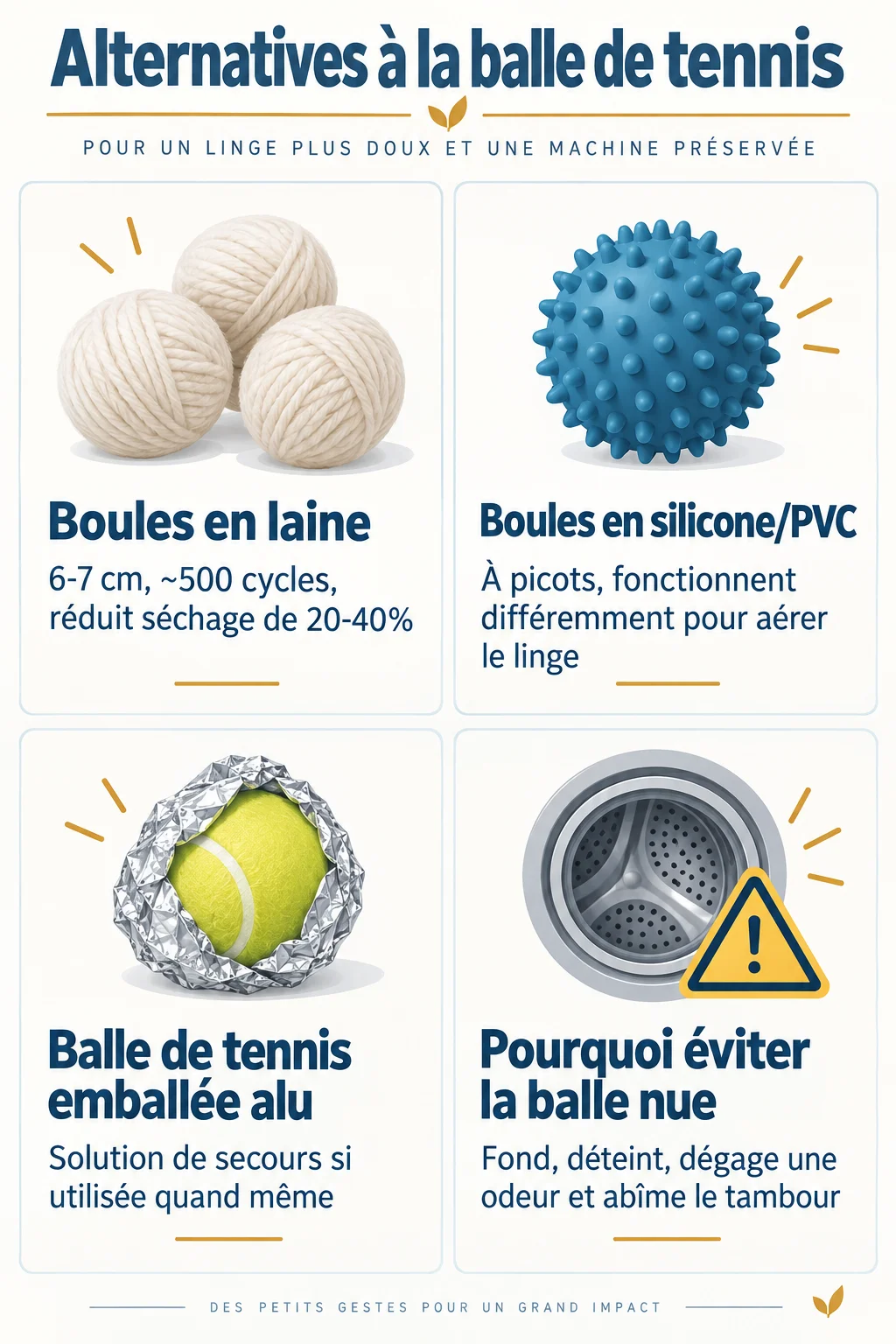 Alternatives à la balle de tennis : Boules en laine, Boules en silicone/PVC, Balle de tennis emballée alu, Pourquoi éviter la balle nue