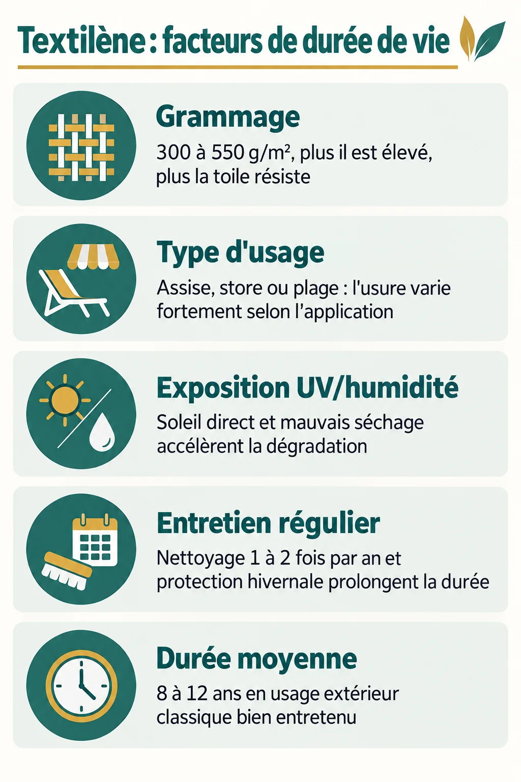 Textilène : facteurs de durée de vie : Grammage, Type d'usage, Exposition UV/humidité, Entretien régulier, Durée moyenne