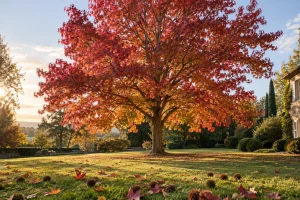 Liquidambar adulte au feuillage rouge et orange en automne dans un grand jardin