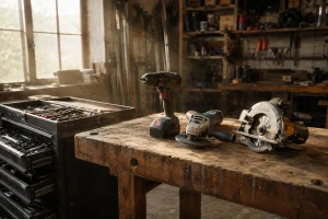 Établi d'atelier avec outillage électroportatif professionnel et servante ouverte
