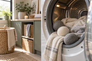 Boules de séchage en laine posées près d'un sèche-linge ouvert avec du linge